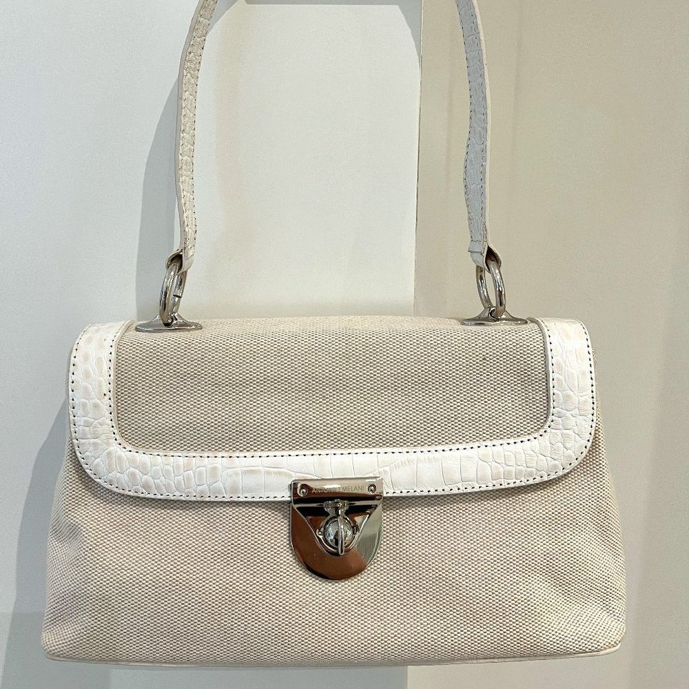 Antonio Melani White Leather Croc Canvas Envelope Silver Hardware Shoulder Bag